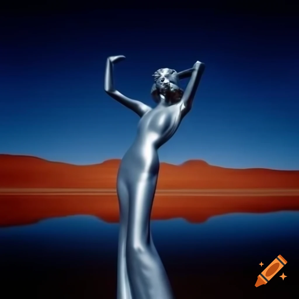 Surreal photography of woman as silver statue in desert by dark lake