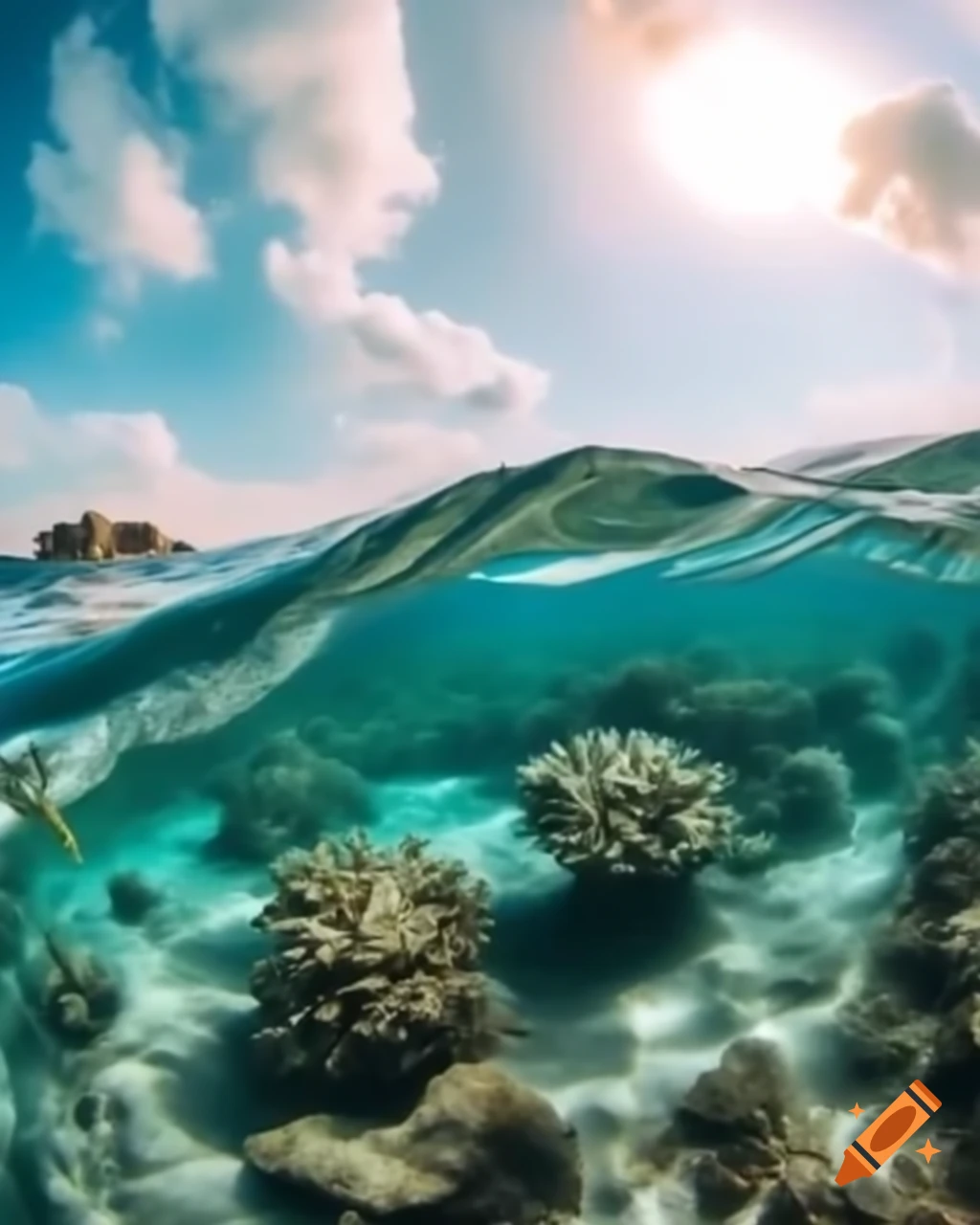 Breathtaking underwater view of coral kingdom illuminated by sunrise through waves