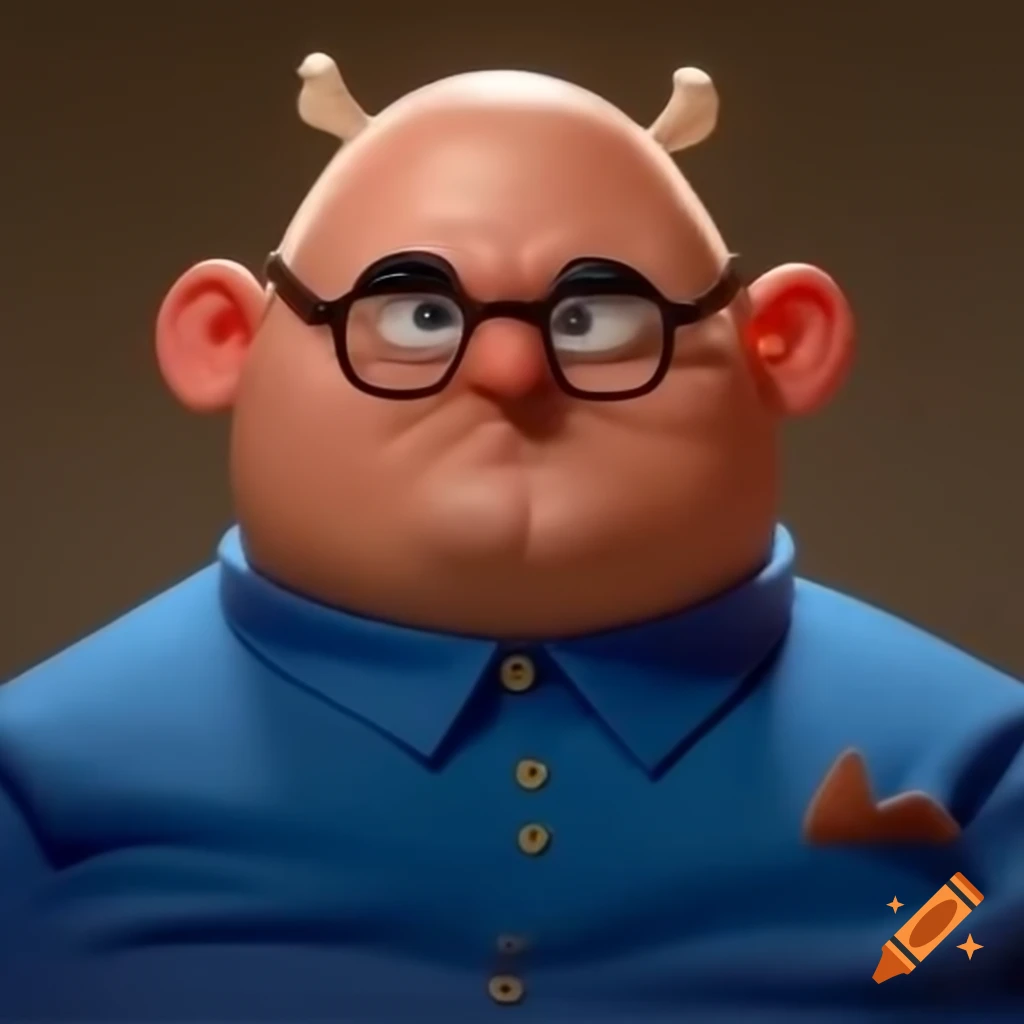 Bald man in blue shirt with square glasses and large ears