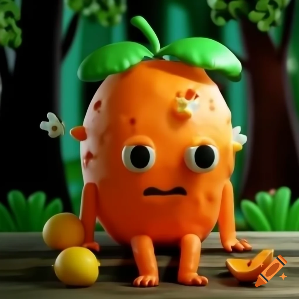 3D orange fruit tree monster with lemon face on wooden table in forest