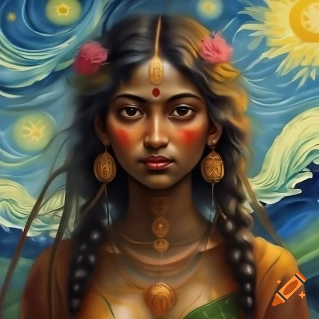 Full-body portrait of Bangladeshi goddess in Van Gogh and Rembrandt style, ultra detailed