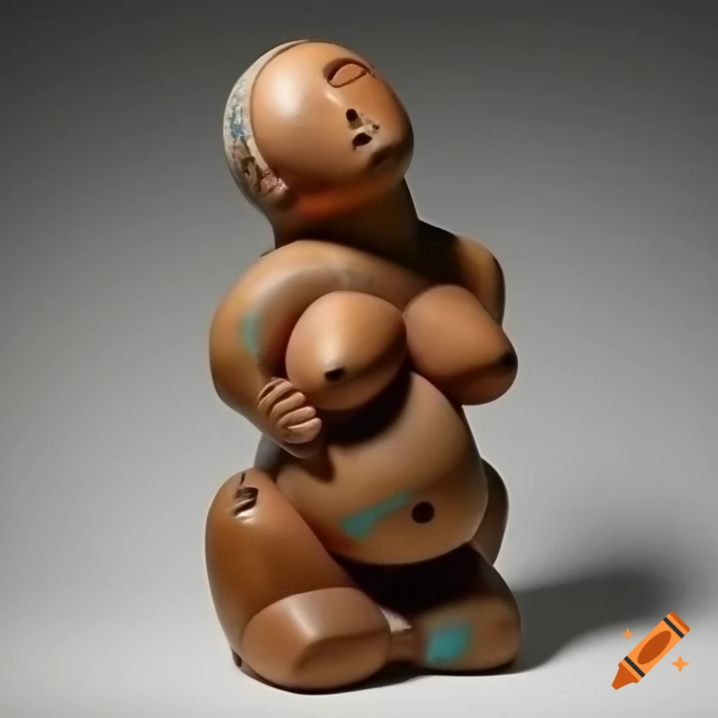 Cubist sculpture of female figure in folklore style with rough wooden engravings