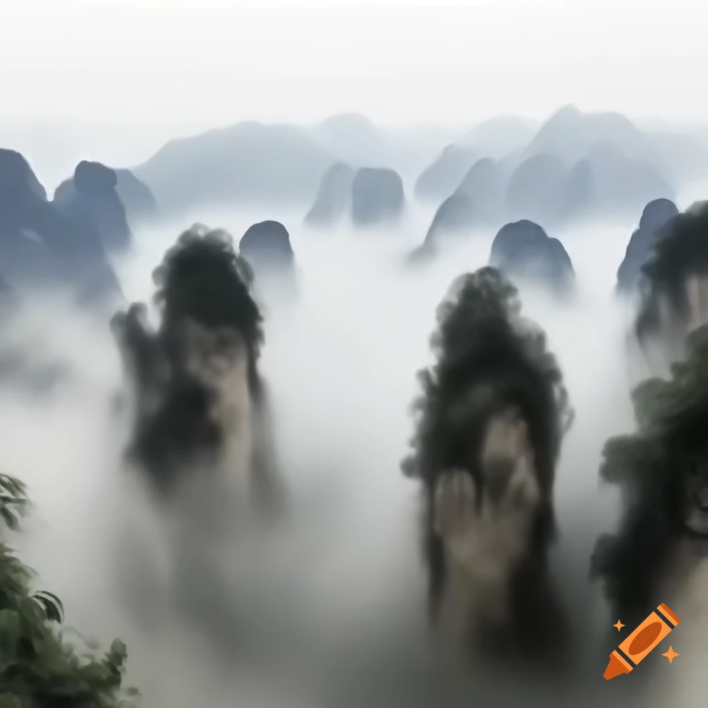 Monochrome ink painting of misty Zhangjiajie mountains