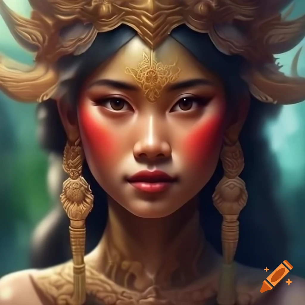 Young Cambodian woman cosplaying as divine goddess in watercolor and Rembrandt-style