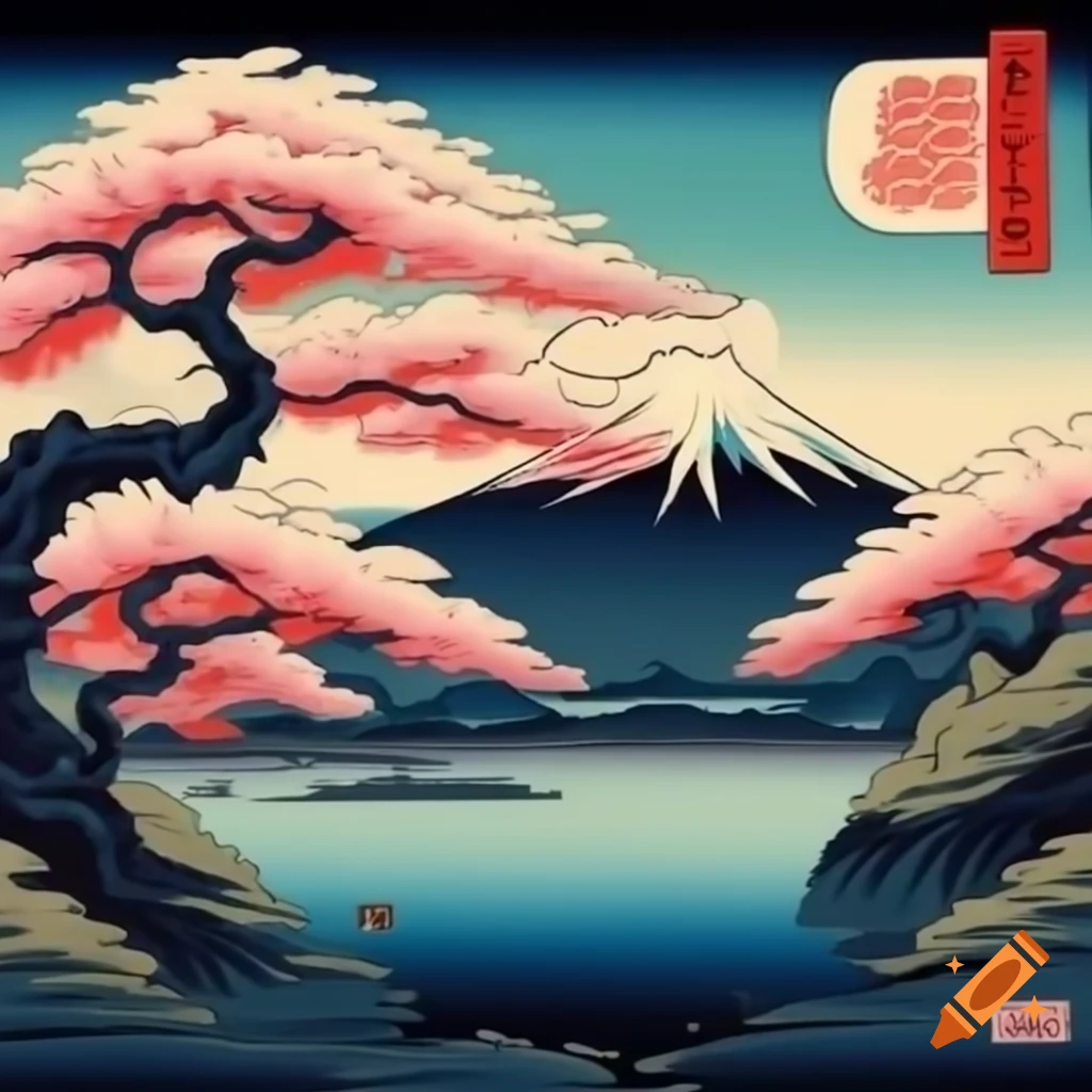 Hiroshige style scene with cherry blossoms and mountains