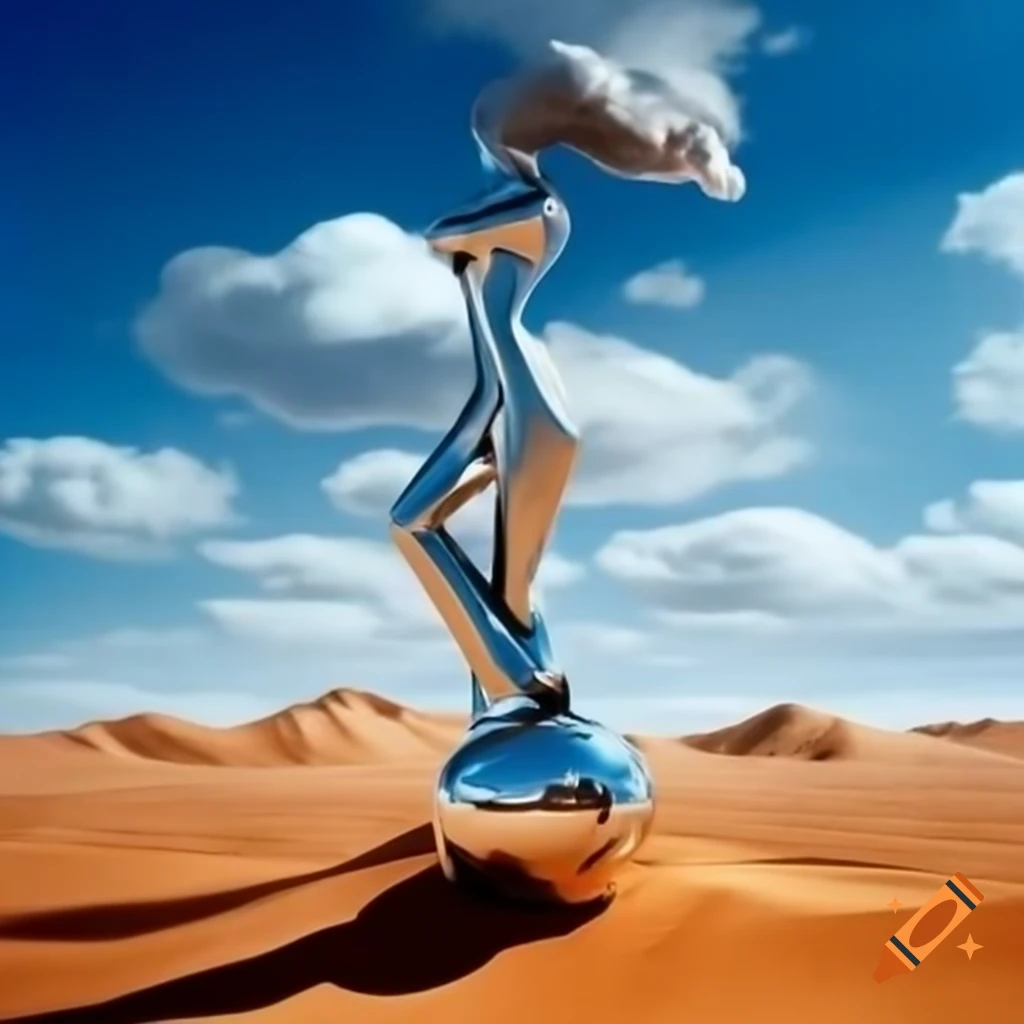 Surreal 2000s photography featuring silver statue of a woman in desert with cloudy sky