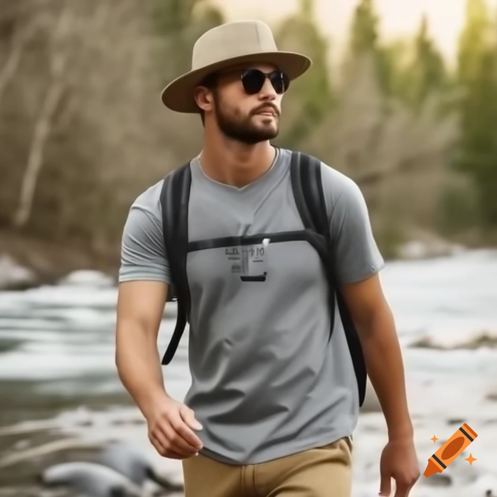 Bald man with beard and sunglasses in adventure attire by river