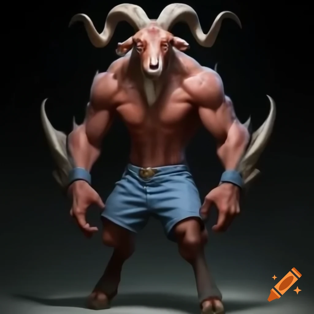 Powerful goat-headed demon figure with large horns and muscular legs, standing in serious posture