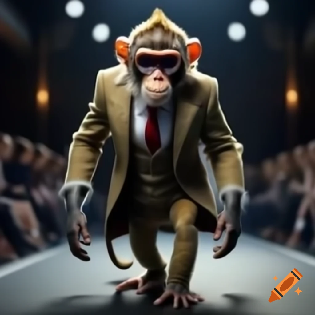 Stylish monkey in haute couture on runway, wearing sunglasses and tweed blazer