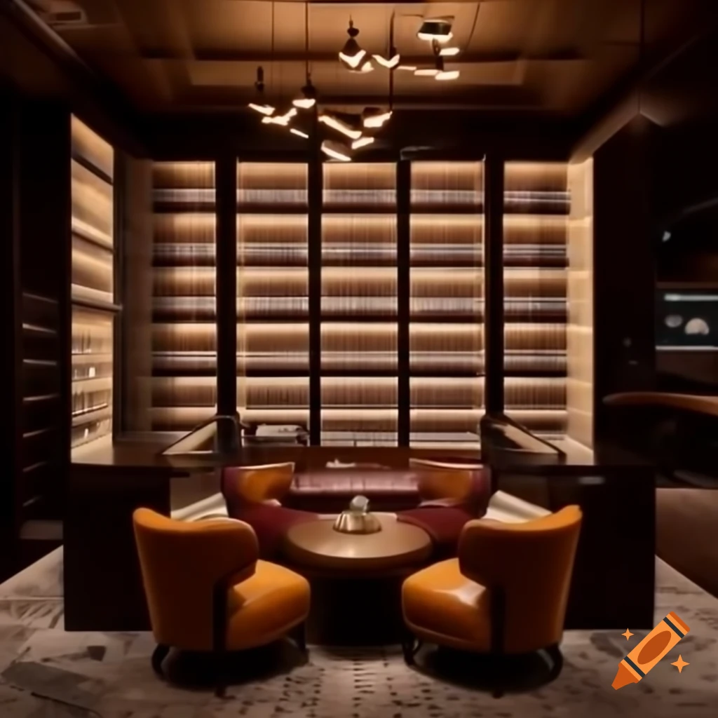 Upscale cafe with vinyl record shelves and warm dark color palette