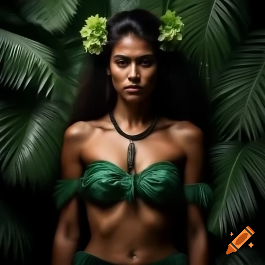 Young Polynesian woman in cropped dance outfit on jungle dance floor