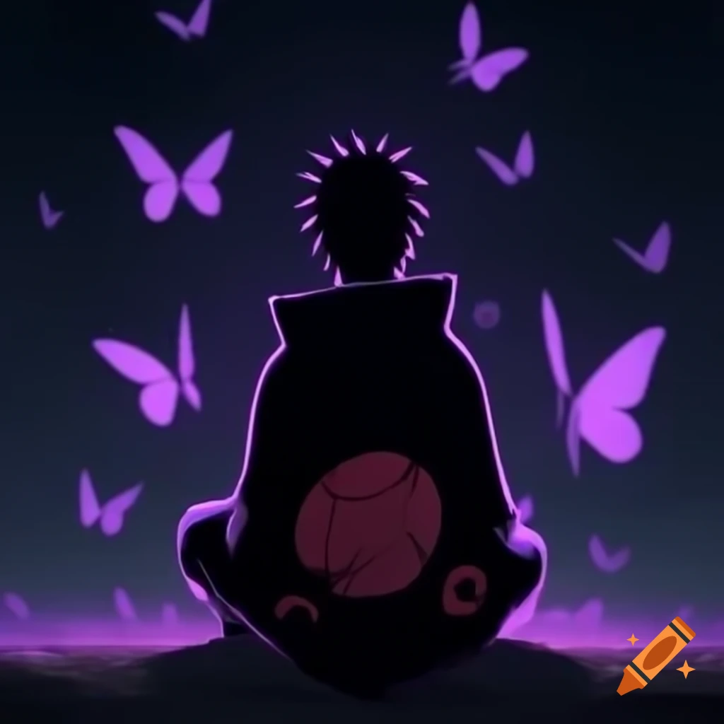 Obito Uchiha sitting among a background of purple butterflies