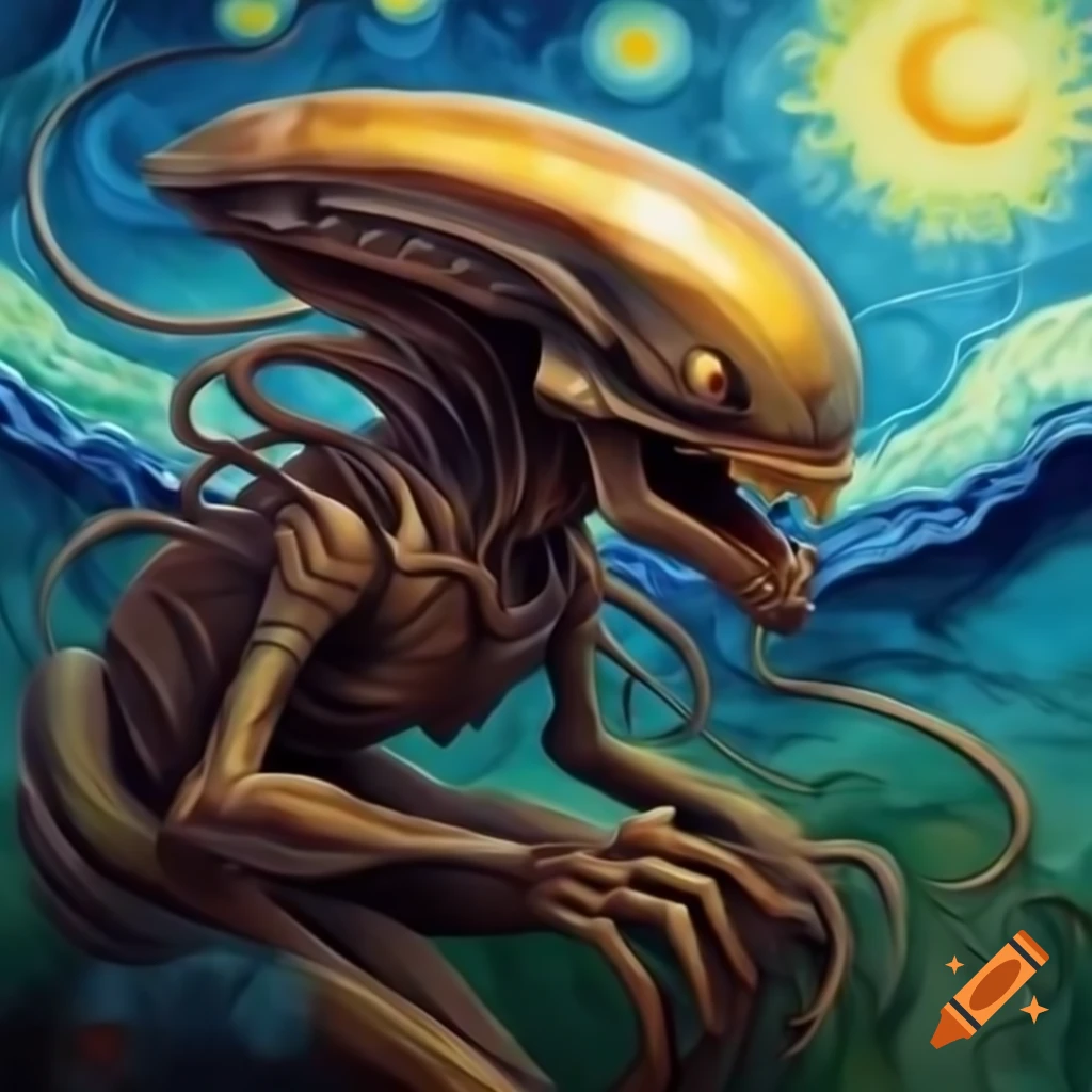 Ancient divine xenomorph in animation, watercolor and Rembrandt style, hyper-realistic