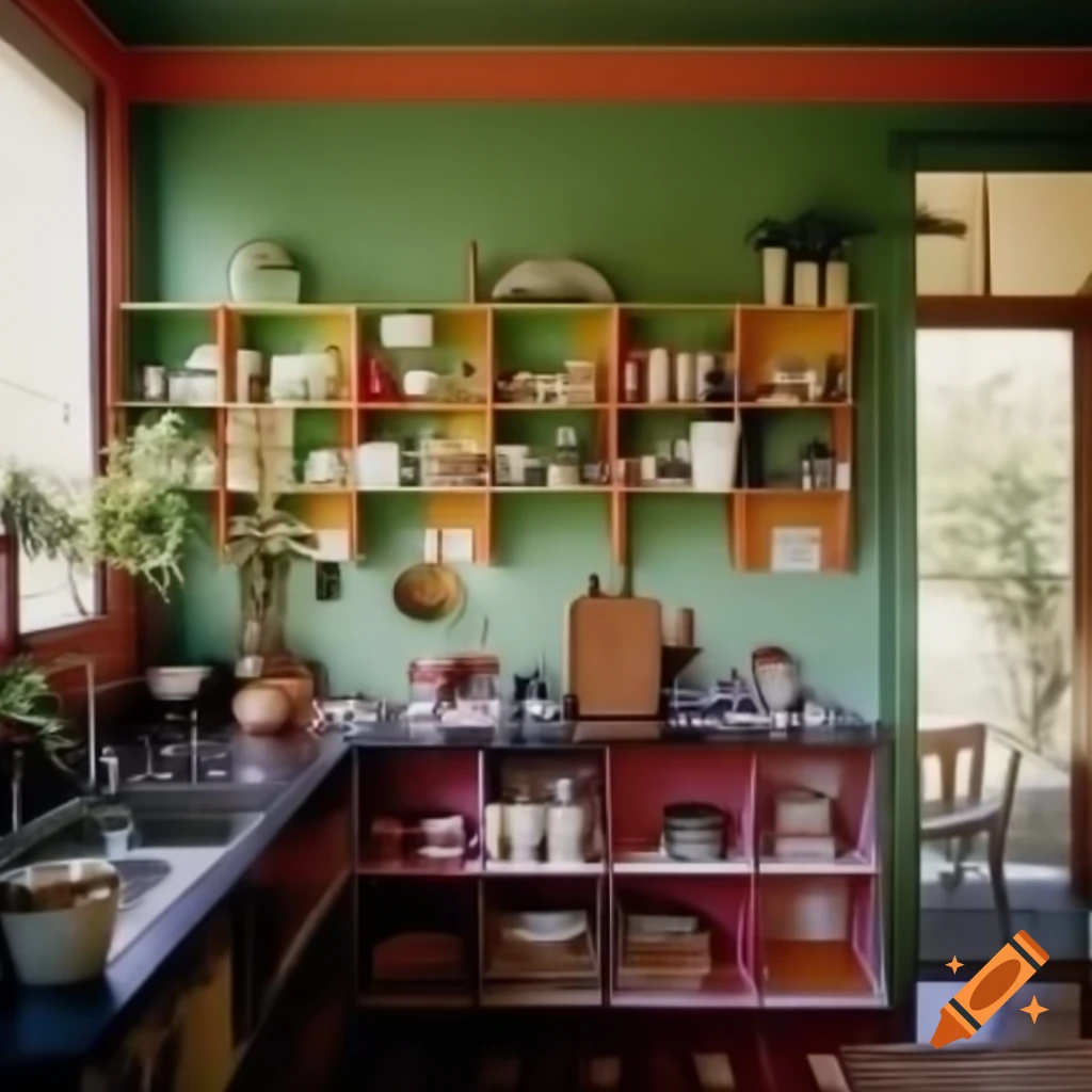 Colorful home kitchen with apothecary feel and open shelving filled with plants