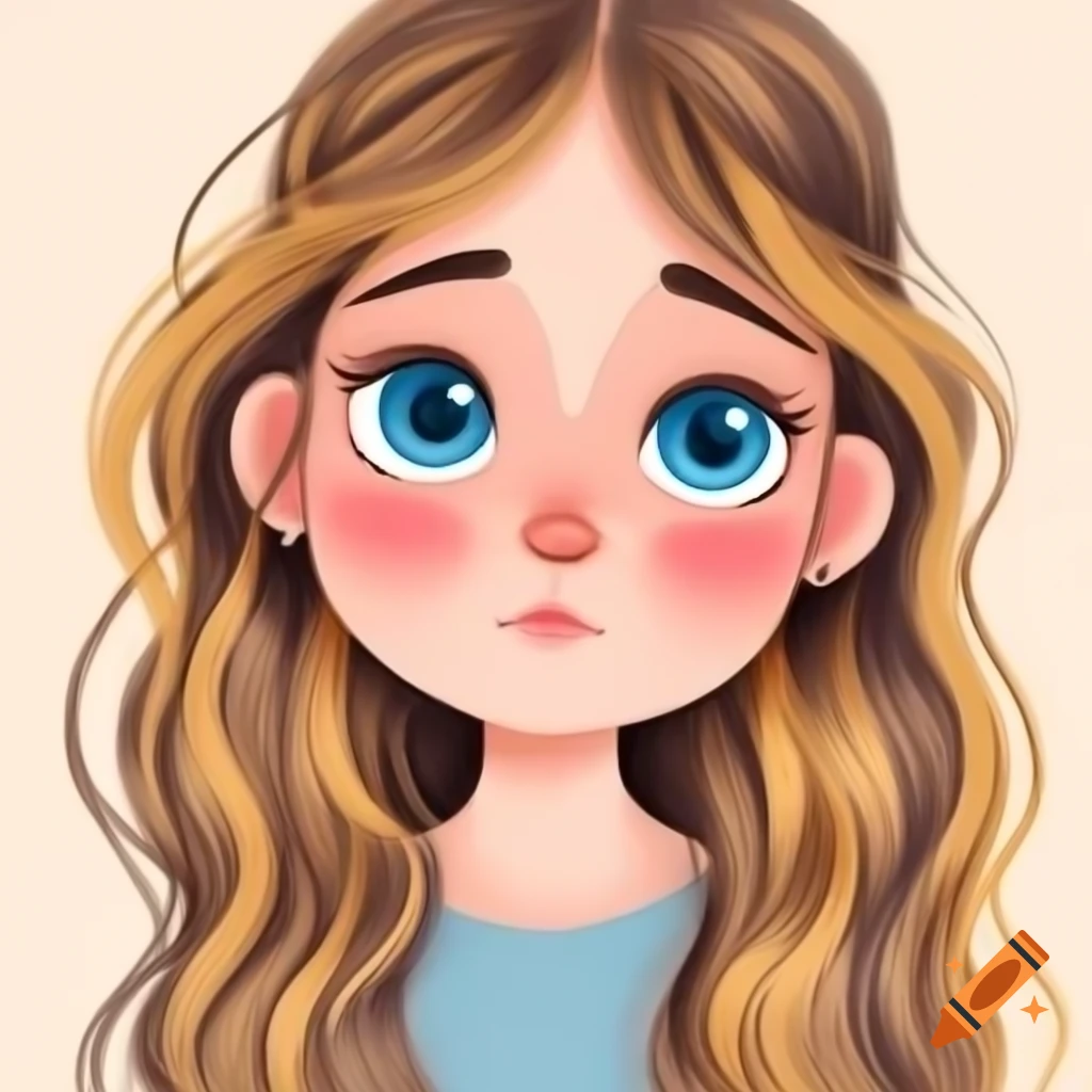 Drawing of a girl with blue eyes and wavy dark blonde hair
