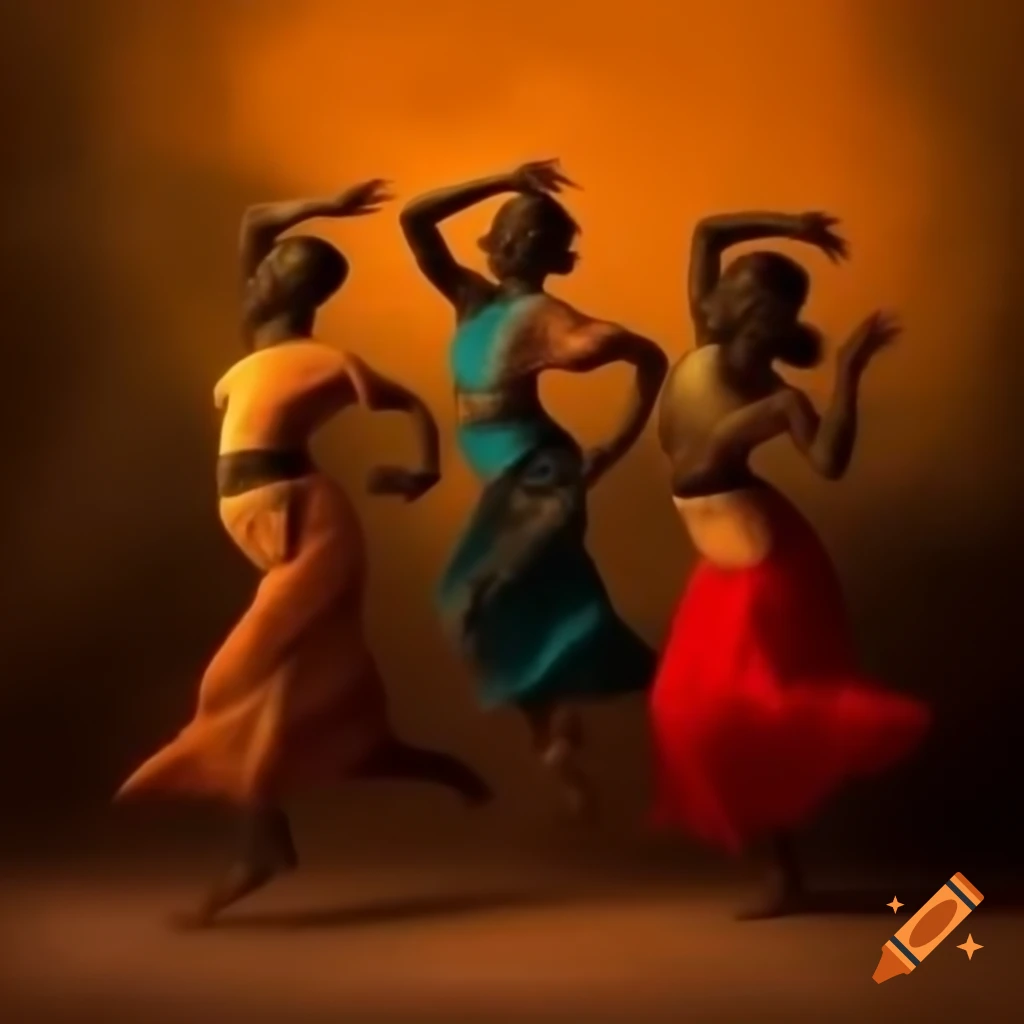 Dynamic tribal dance composition featuring dancers in traditional attire