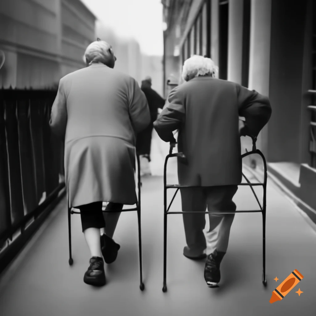 Elderly people racing each other with walkers