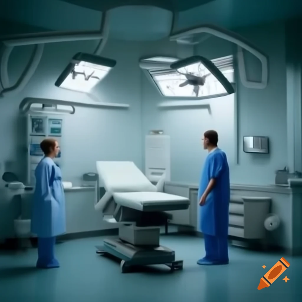Medical room with white chair and healthcare professionals around platform and equipment