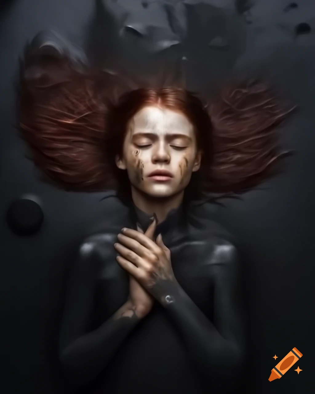 Girl with dark red hair lying in mud, hand touching the surface
