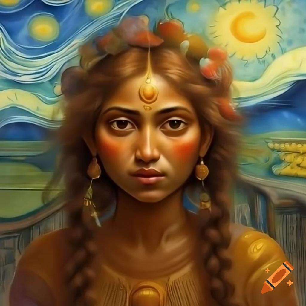 Ancient Bangladeshi goddess in animated style, watercolor and Rembrandt influences