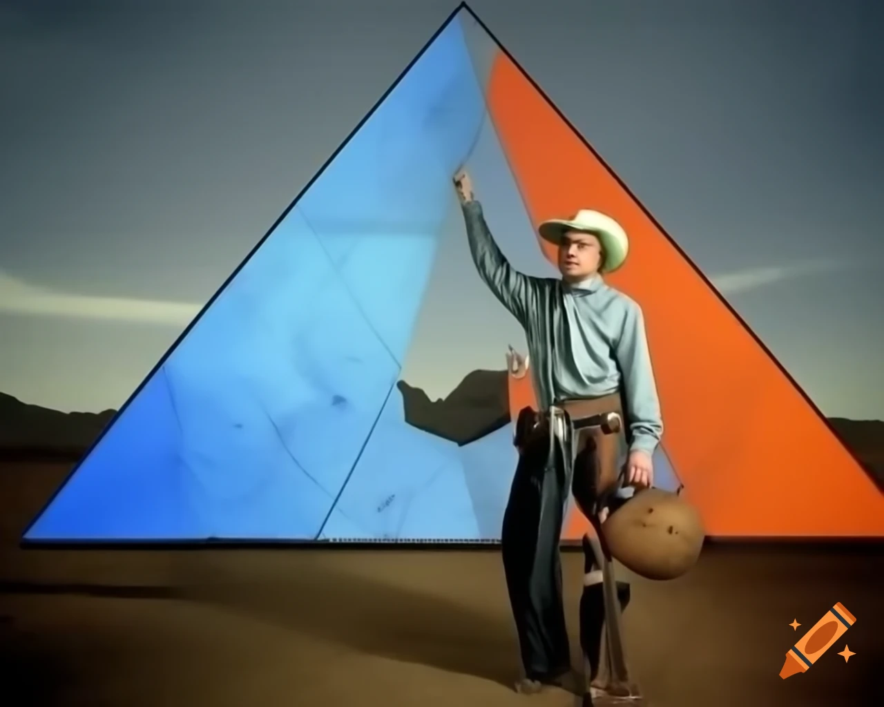 Cowboy leaning on house corner holding large geo-triangle, colored
