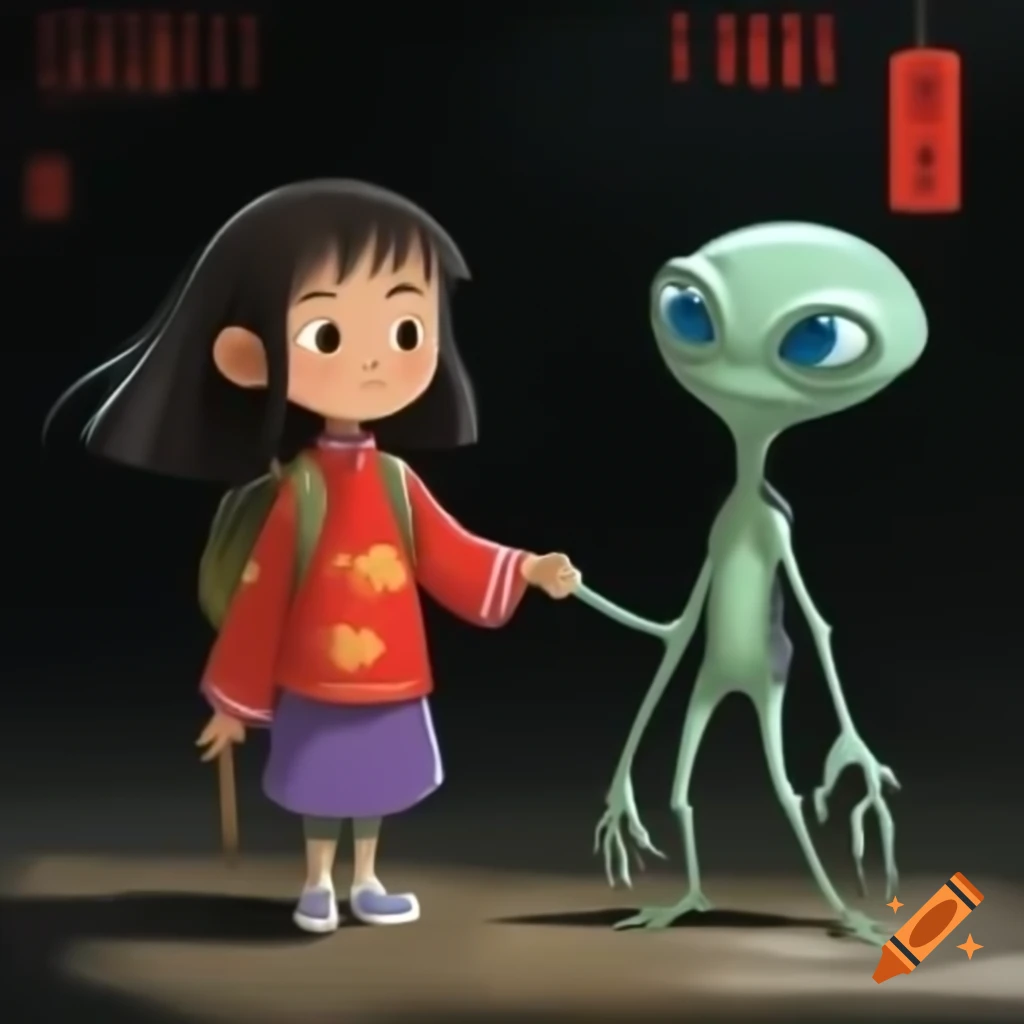 Chinese girl interacting with alien friend