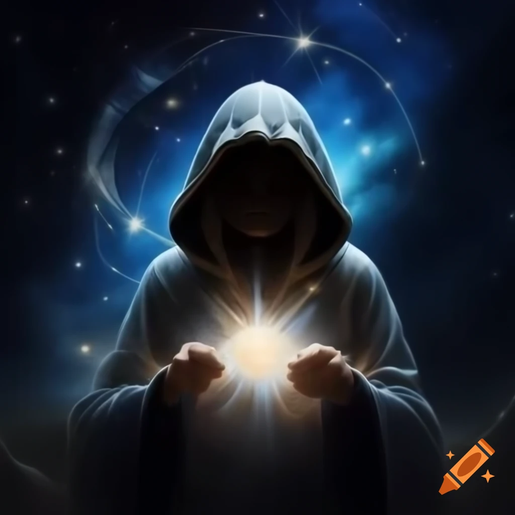 Hooded celestial being composed of stars and constellations