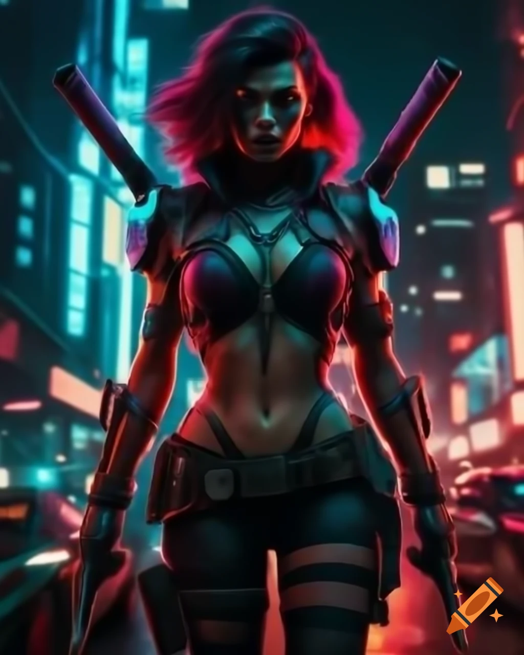 Bold cyberpunk female in vibrant attire and tattoos against futuristic cityscape