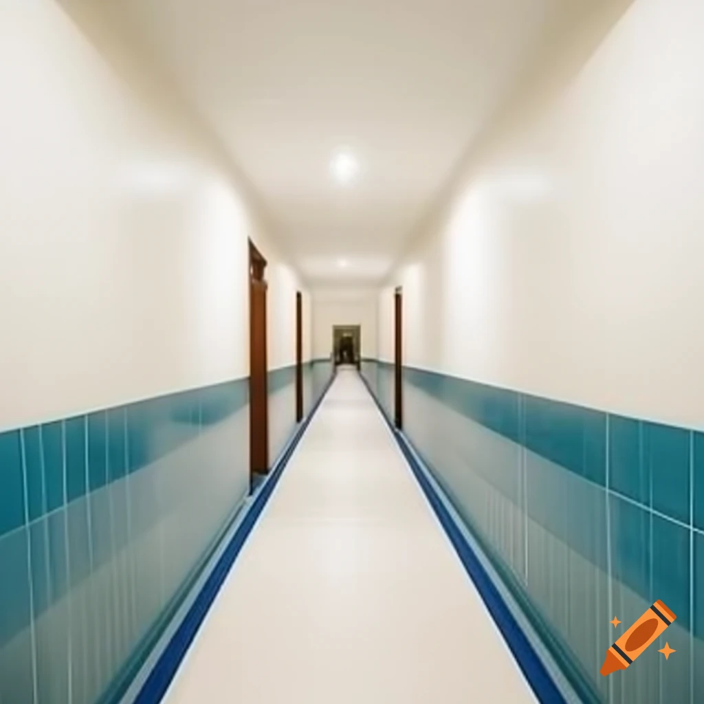Liminal space hotel hallway with white carpet and tiled walls