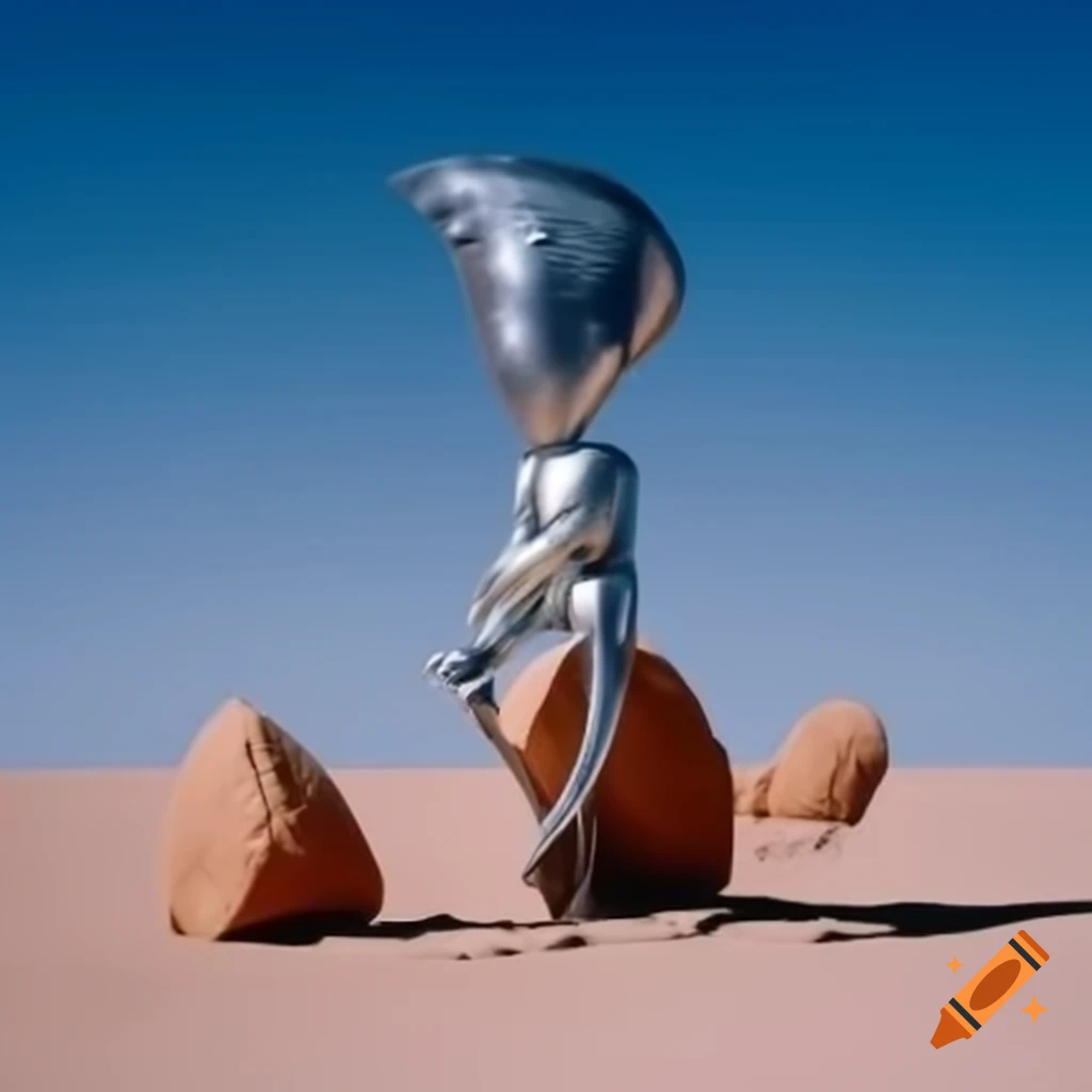 Pop surreal photography of woman as silver statue in stone desert