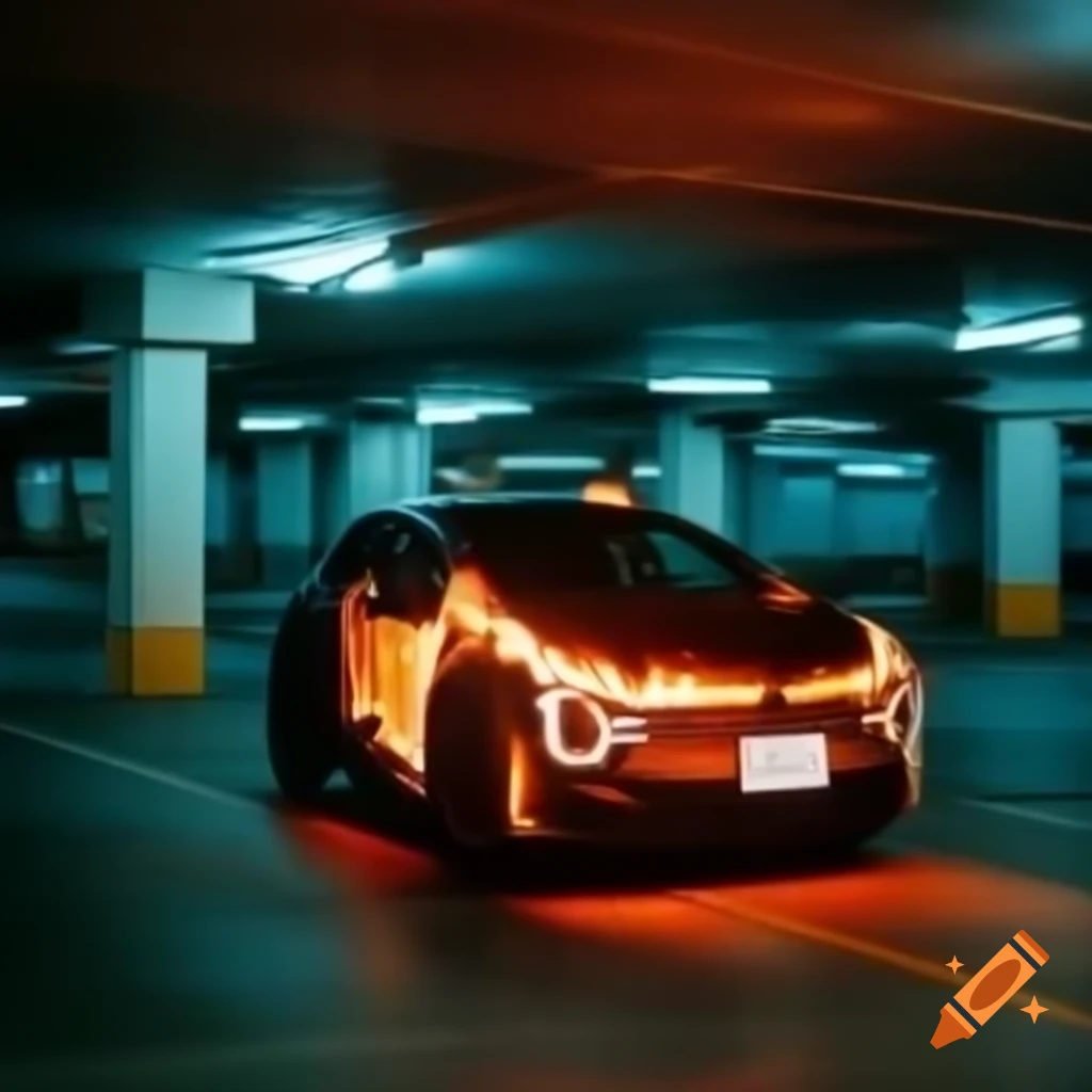 Electric car in underground parking lot covered with fire blanket