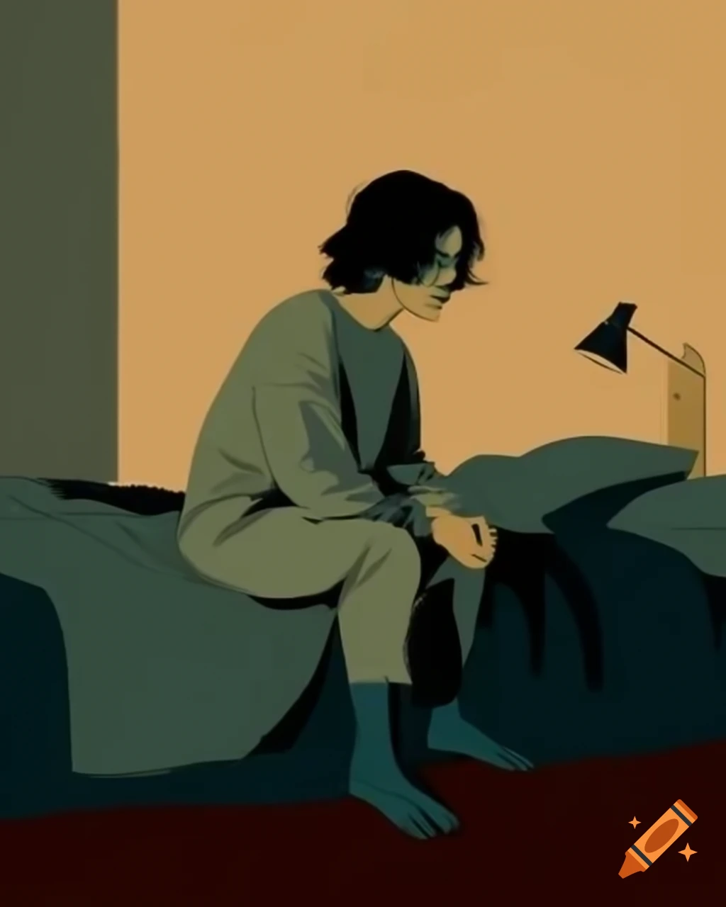 Person sitting on edge of bed in minimalist room, calm and introspective