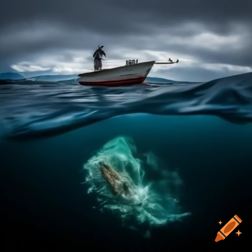 Man fishing in boat at base of massive tsunami wave, with scary fish and animals visible