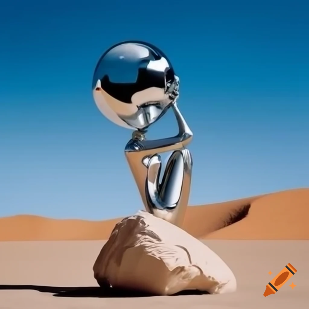 Pop surreal photography of woman as silver statue in stone desert