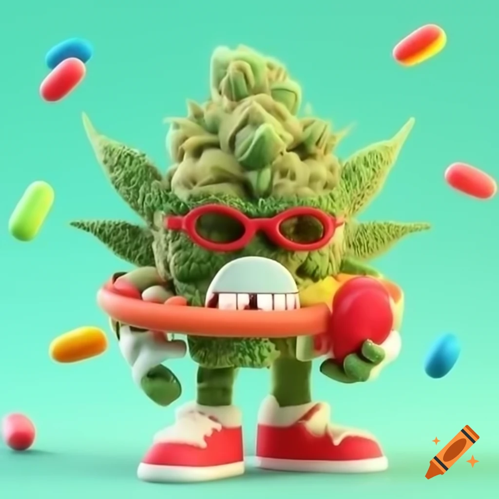 Cartoon style depiction of cannabis strain OG McToke with candies