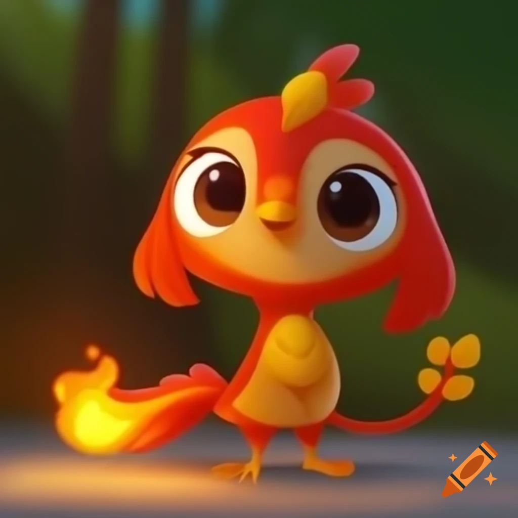 Adorable female cartoon phoenix with flaming tail feathers