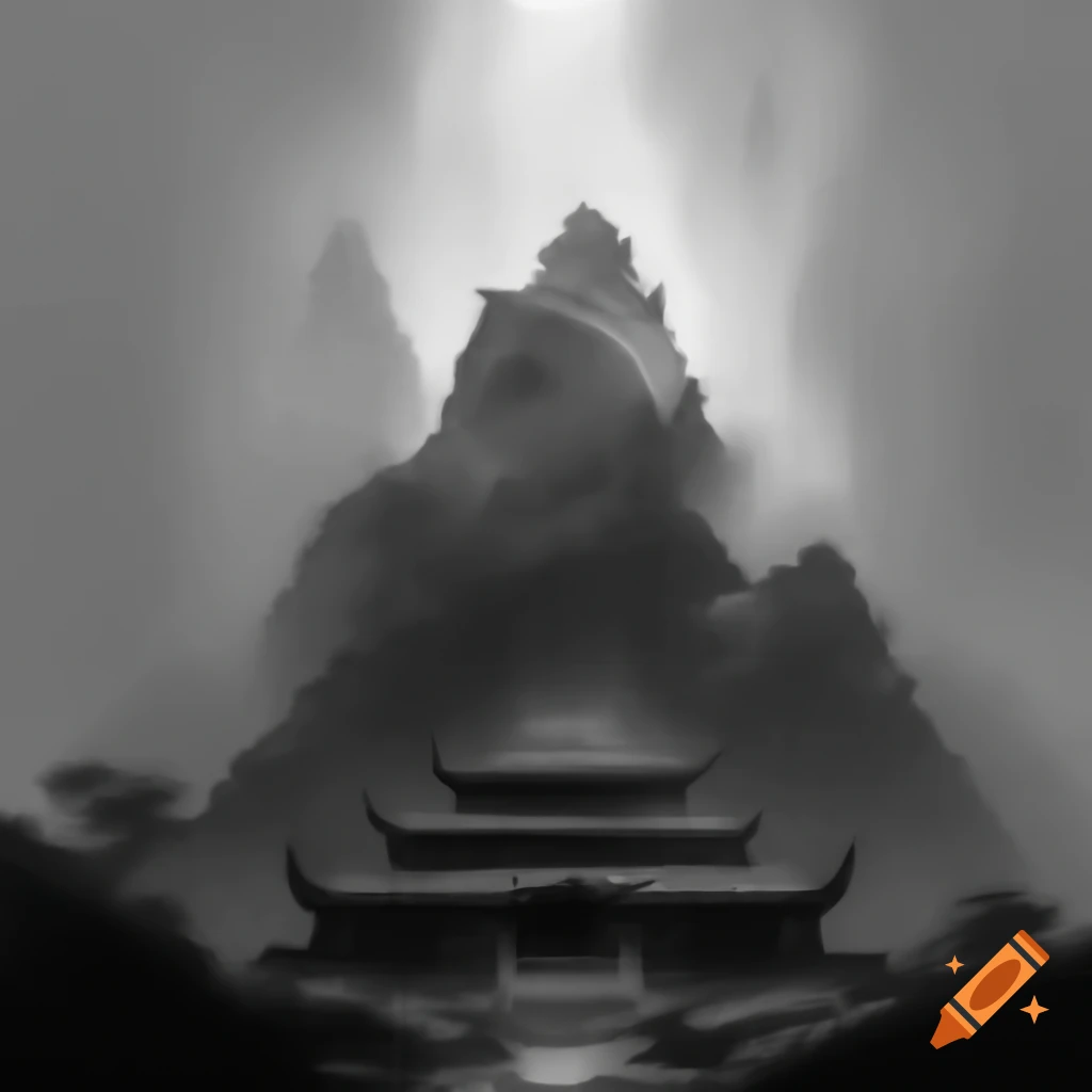 Monochrome ink drawing of misty mountain with Shaolin temple, capturing traditional beauty