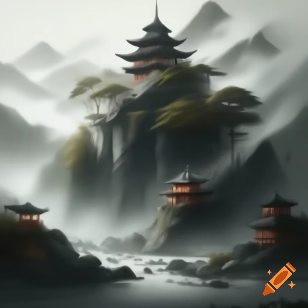 Grayscale misty mountains with temple and river, ink drawing