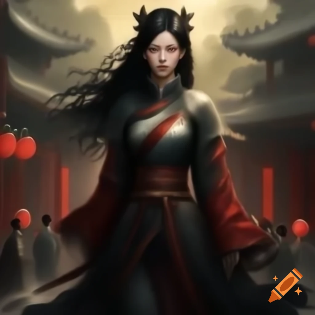 Cloaked shadowy warrior among ancient Chinese architecture, with flowing black hair