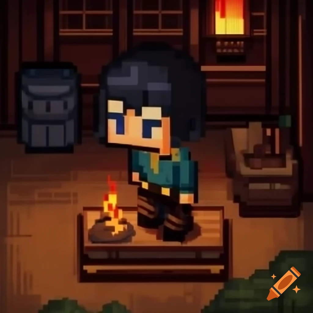 Retro pixel art policeman at crime scene in Japanese living room