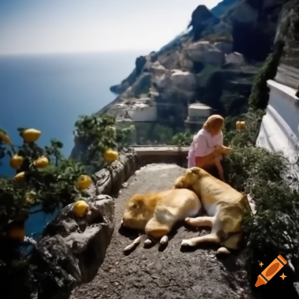 Woman petting sleeping lion on stone terrace with lemon trees along Amalfi coast