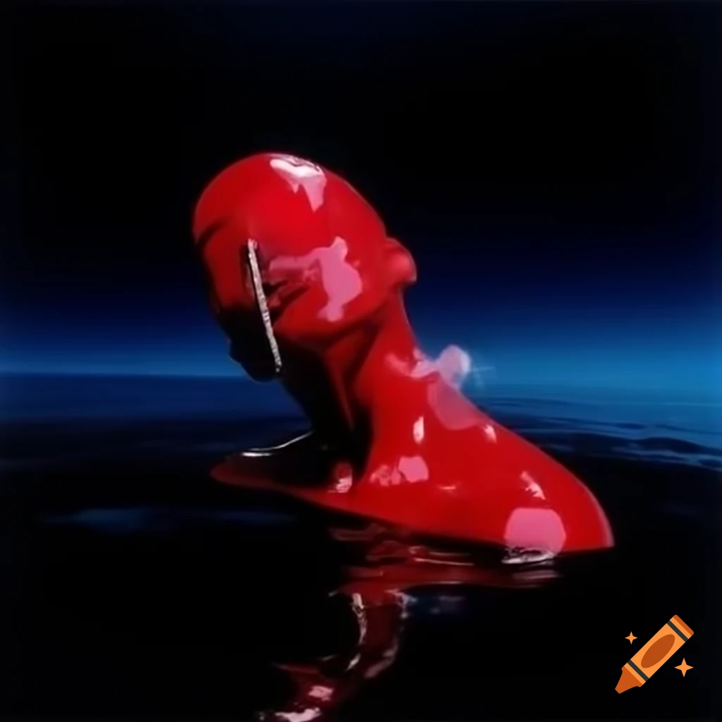 Pop surreal photography featuring red glass statue at midnight