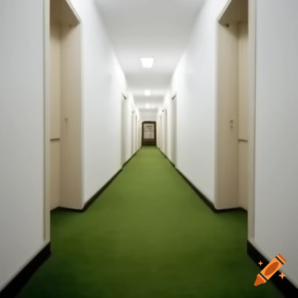 Hotel hallway with grass carpet and white tiled walls