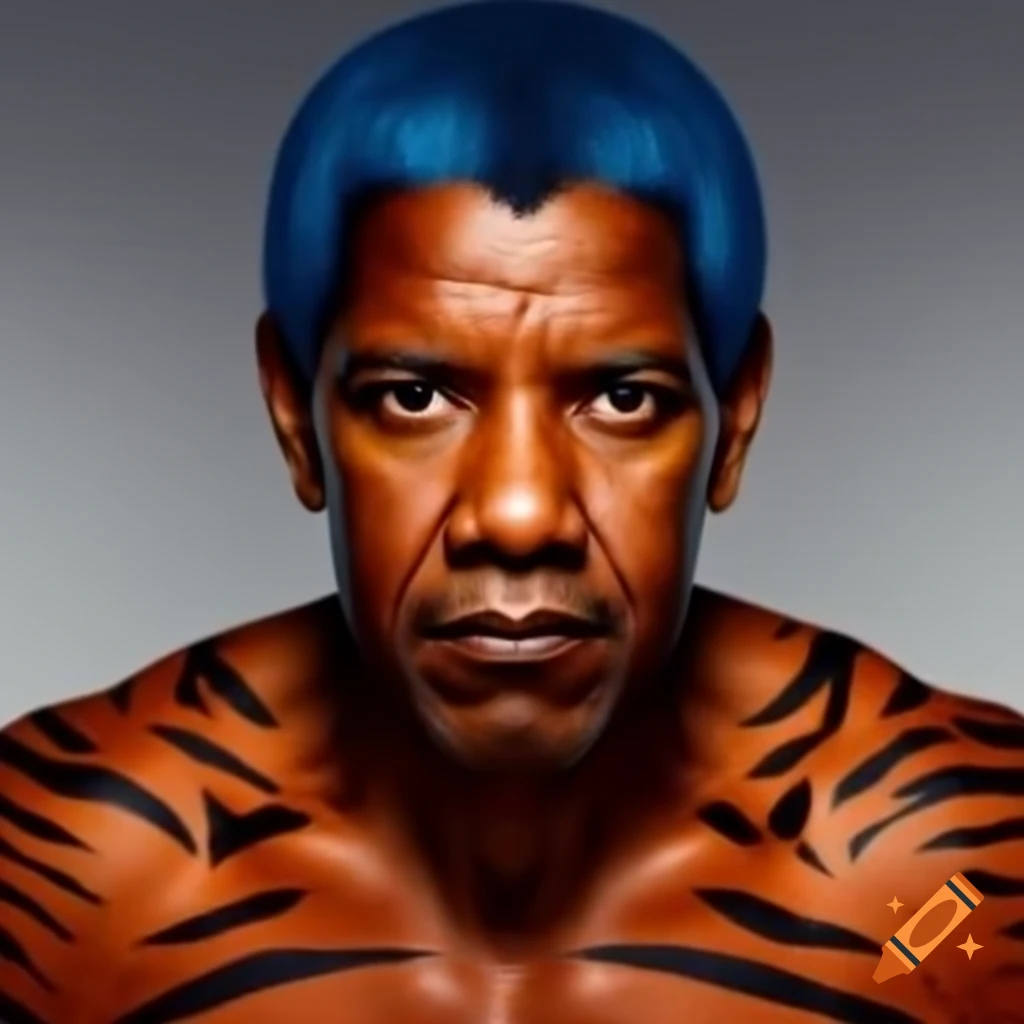 Muscular man with tiger style makeup and colorful hair and skin on craiyon