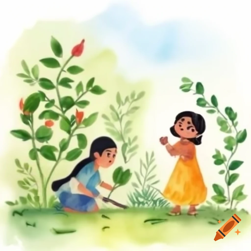 Indian girl talking with rose plant and earthworm in a garden, watercolor illustration