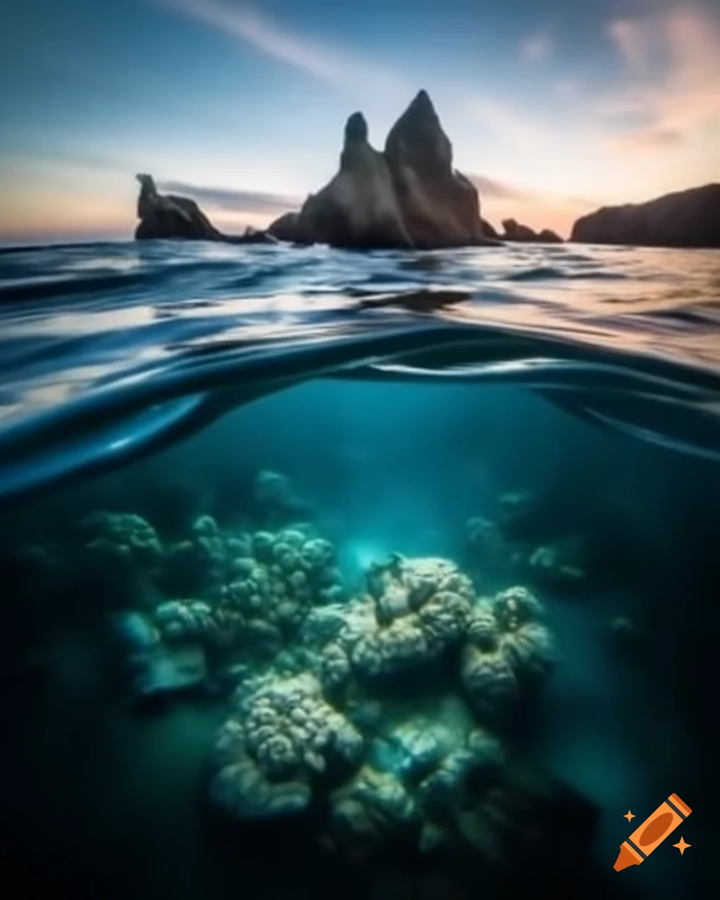 Cinematic view from inside wave showing celestial seabed with corals and sunrise