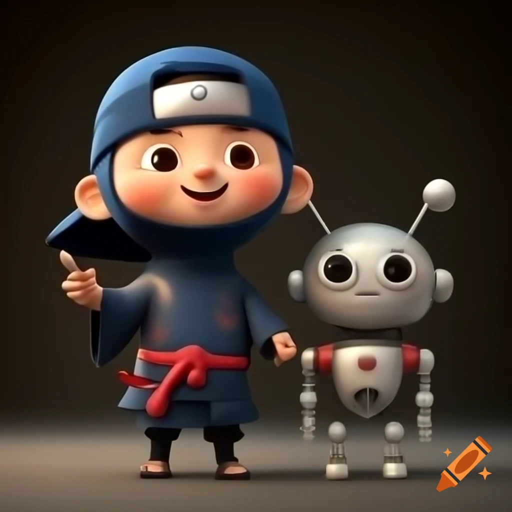 3D smiling child ninja holding hands with a cute robot