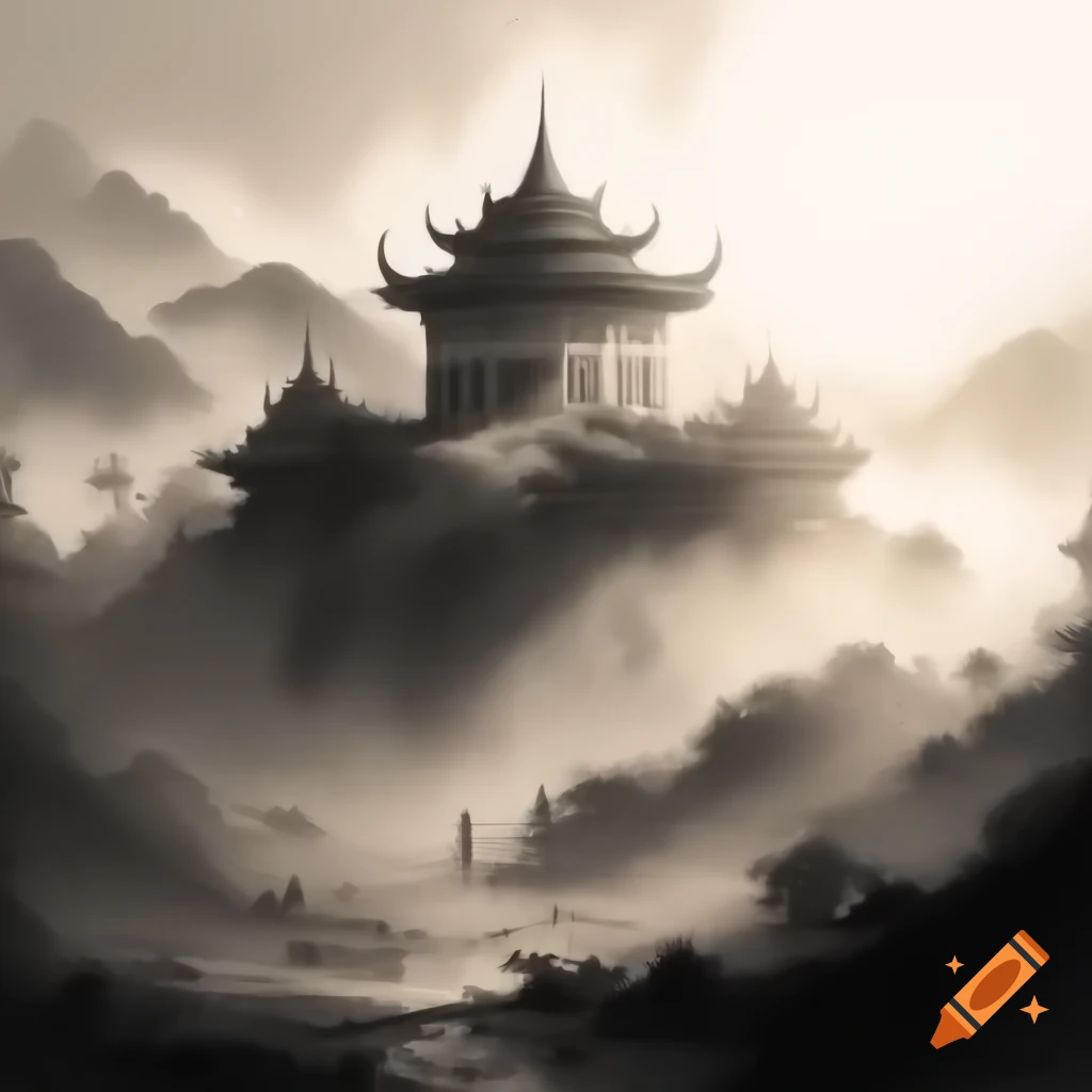 Misty monochrome ink drawing of Shaolin temple in valley