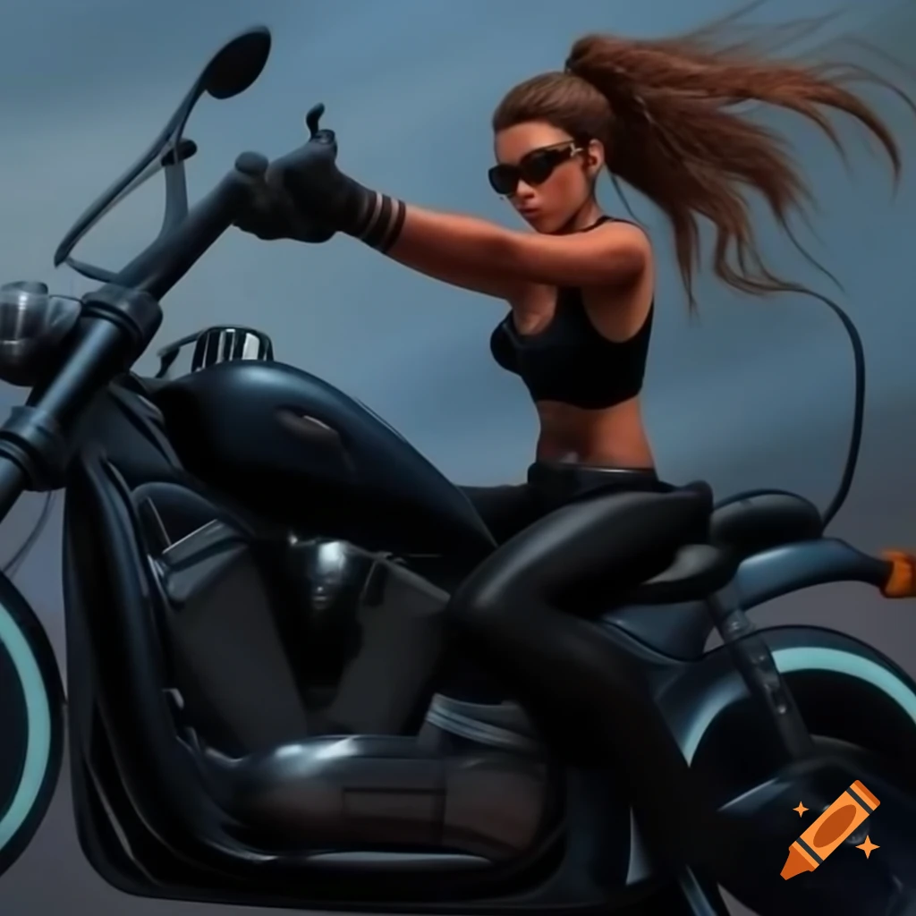 Determined biker girl on sleek black motorbike with ponytail in wind