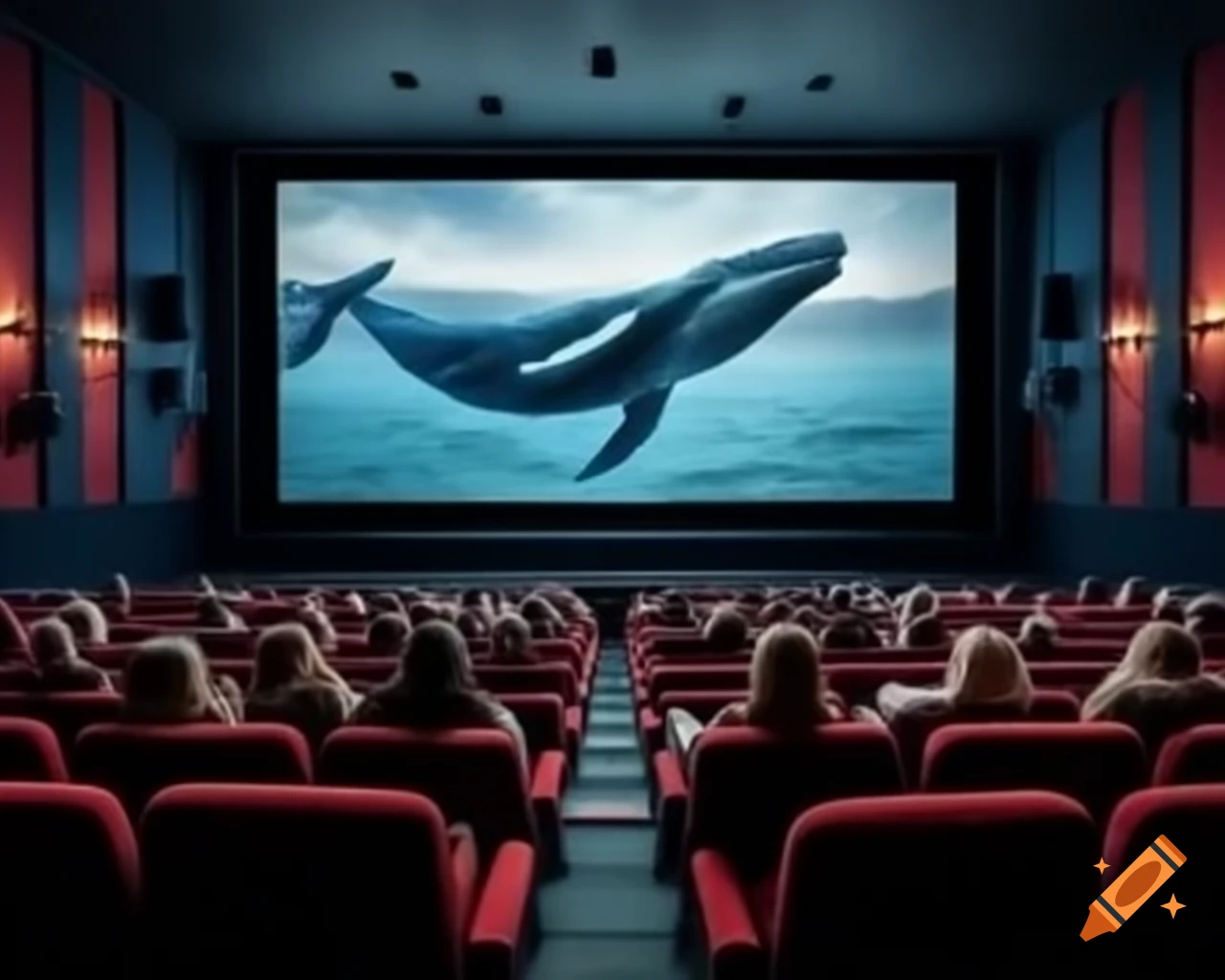 Audience in movie theater amazed by whale emerging from screen